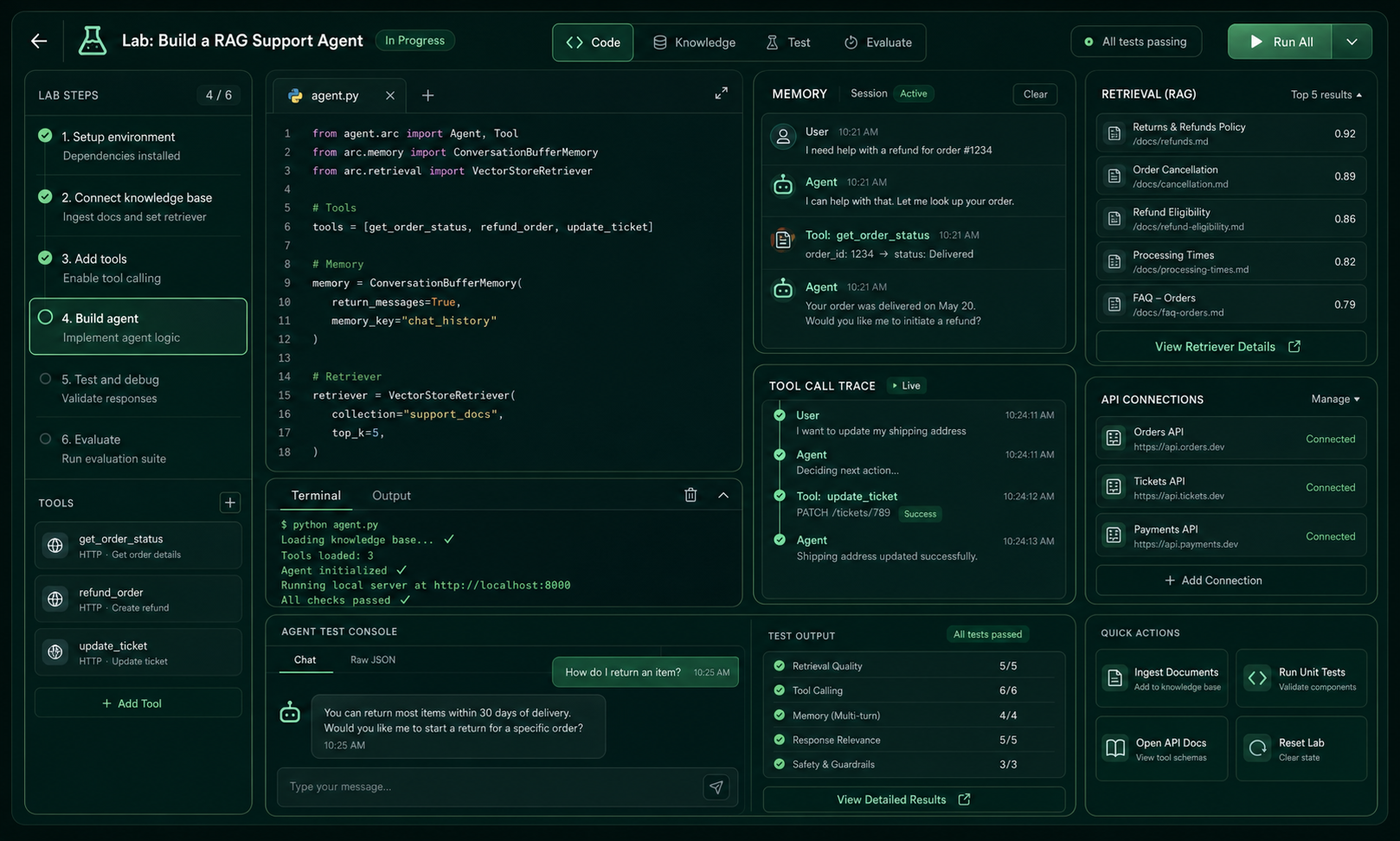 Hands-on AI lab workspace showing code, memory, retrieval, APIs, and agent testing panels