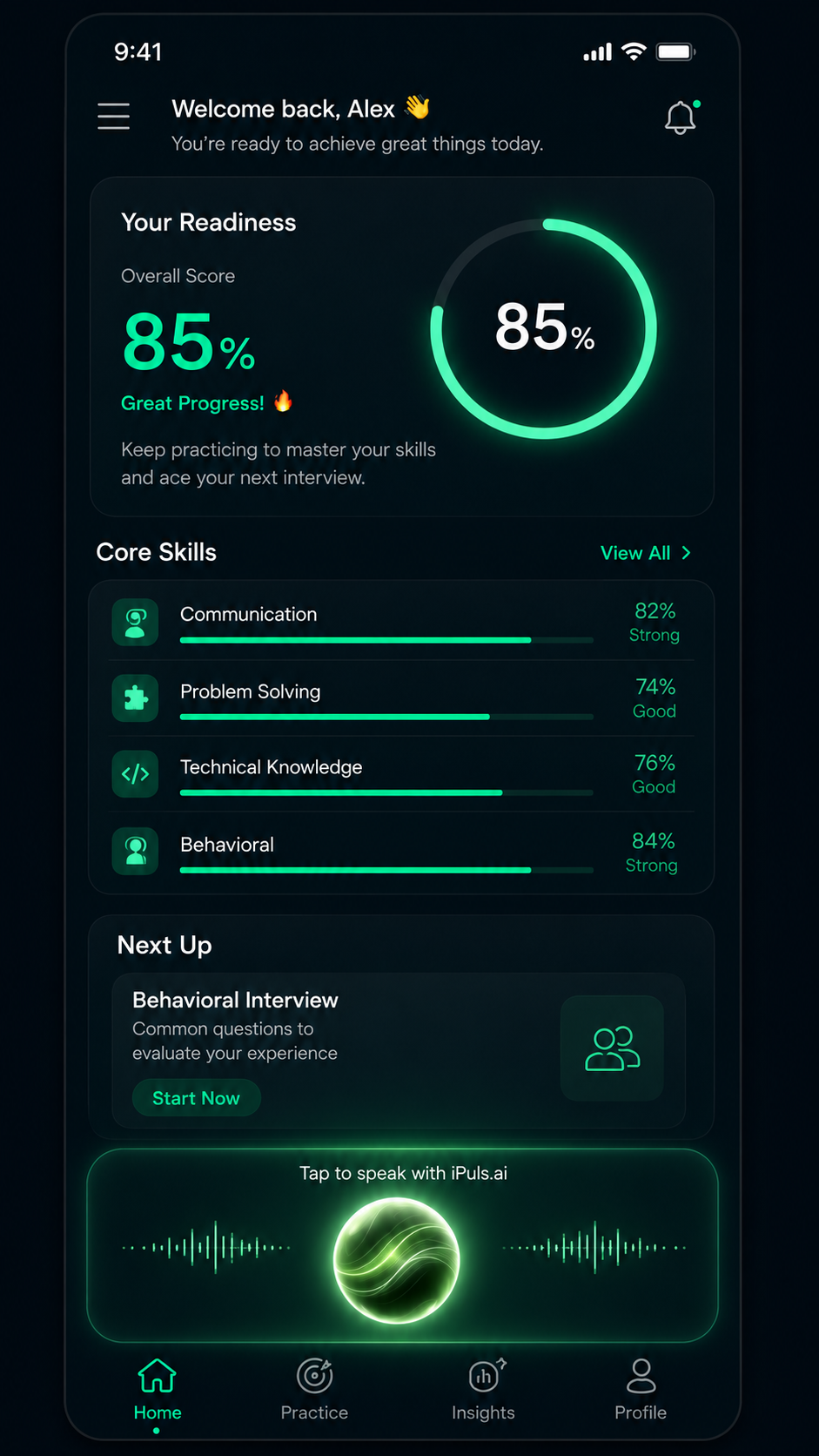iPuls.ai mobile app dashboard showing readiness score 85%, skill meters, and upcoming interview readiness
