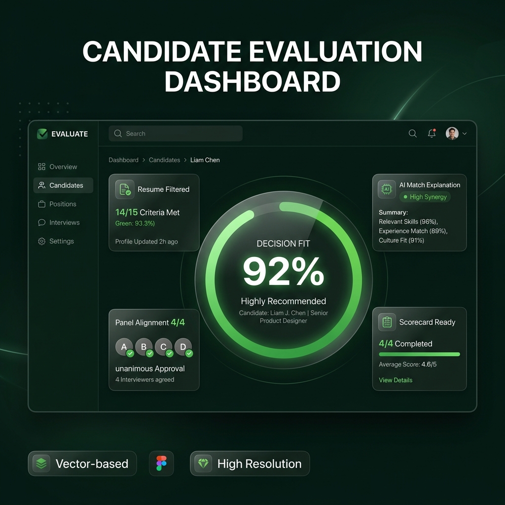 Hiring manager decision hub dashboard showing evaluation, match score, and alignment